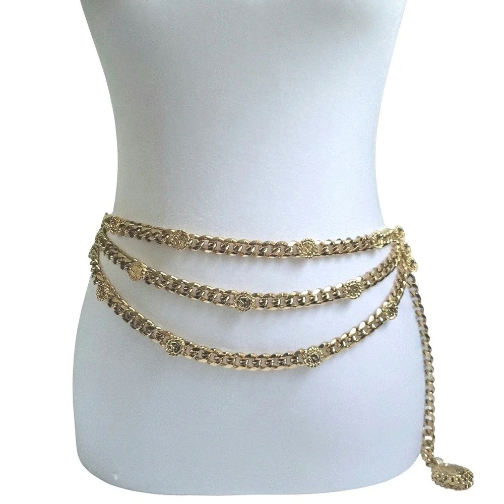 Vtg St John Gold Tone Layered Medallion Curb Chain Statement Belt 40